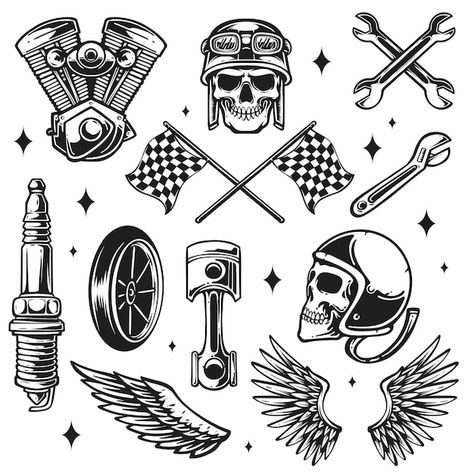 Retro motorcycle parts vector illustrati... | Premium Vector #Freepik #vector #skull-motorcycle #motorcycle-club #motor-club #vintage-motorcycle Biker Logo Design, Biker Logo, Motorcycle Tattoos, Bike Tattoos, Motorcycle Illustration, Retro Motorcycle, Motorcycle Clubs, Vintage Motorcycle, Letter Patterns