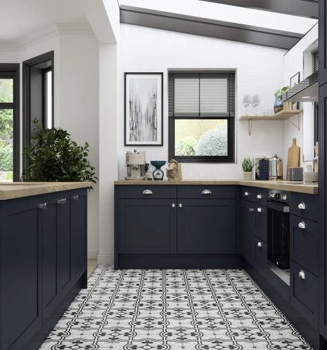 Kitchens | Fitted Kitchen Ranges UK | Magnet-Magnet Midnight Blue Kitchen, Blue Shaker Kitchen, White Herringbone Tile, Blue Kitchen Island, Magnet Kitchen, Best Hacks, Free Kitchen Design, Blue Kitchen Cabinets, Kitchen Magnet