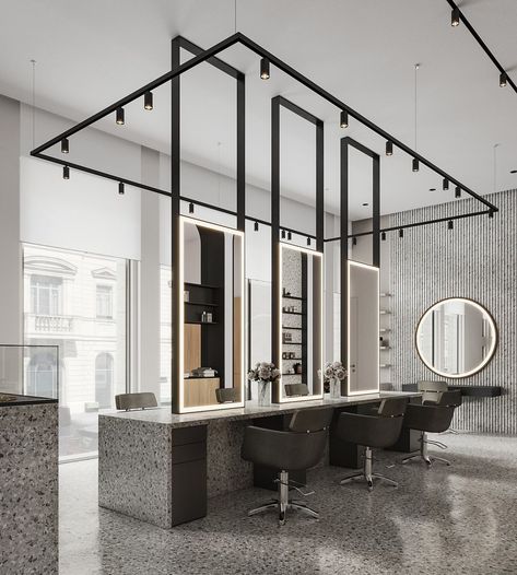 Salon Set Up Ideas Layout, Black And White Beauty Salon, Salon Layout Ideas Floor Plans, Industrial Salon Design, Modern Hair Salon Interior Design, Modern Beauty Salon, Modern Reception Desk Design, Barbershop Design Interior, Luxury Hair Salon