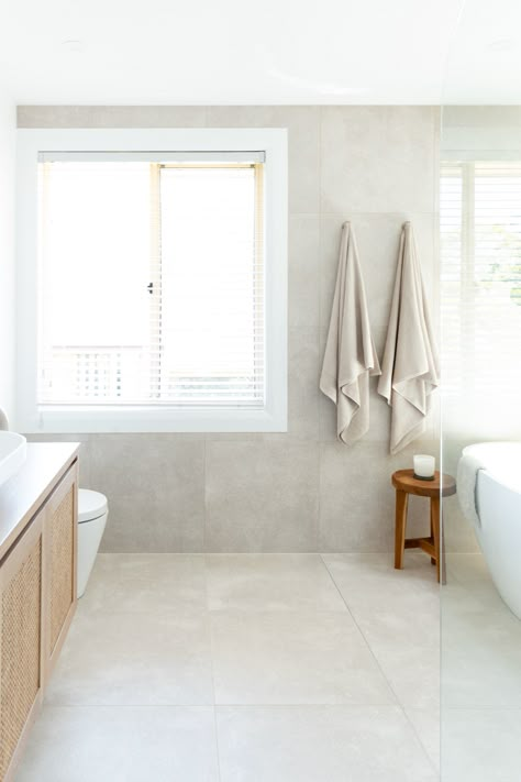 Court and Riss from Bone + Blanc Bone Tile Bathroom, Concrete Floors In Bathroom, Ivory Tiles Bathroom, Bathroom Sand Tiles, White Gold Timber Bathroom, Three Birds Renovations Bathroom Tiles, Modern Beach House Bathroom, Medium Bathroom Ideas, Beach House Bathroom