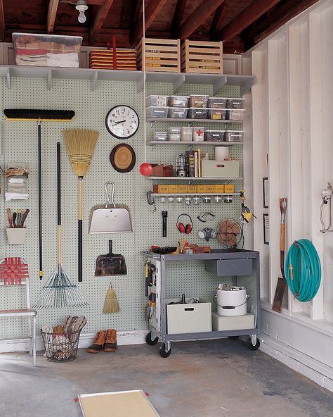 Utilize Wall Space Pegboard Garage Storage, Long Handled Tool Storage, Pegboard Shed, Shed Organisation Ideas, Small Shed Organization, Home Organization Ideas For Small Spaces, Garage Pegboard Organization, Small Shed Organization Ideas, Garage Peg Board