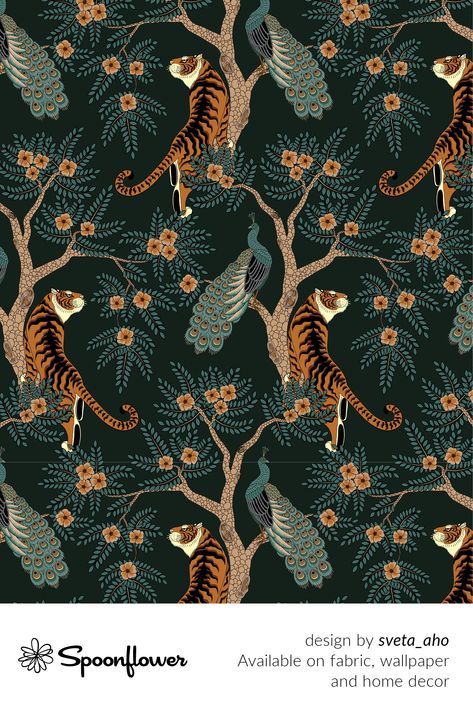 #Customize your own home decor, #wallpaper and #fabric at Spoonflower. Shop your favorite indie designs on fabric, wallpaper and home decor products on Spoonflower, all printed with #eco-friendly inks and handmade in the United States. #patterndesign #textildesign #pattern #digitalprinting #Tiger #Peacock #jungle #floral #wild Tiger And Peacock, Woods Wallpaper, Orange Peel Texture, Asian Flowers, Green Planet, Lighted Canvas, Recycled Canvas, Wallpaper Calculator, Custom Printed Fabric