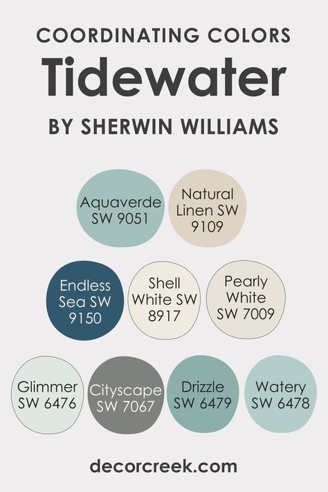 Tidewater SW 6477 Coordinating Colors by Sherwin Williams Anchors Aweigh Sherwin Williams, Sherwin Williams Tidewater, Aqua Paint Colors, Pure White Sherwin Williams, Sherwin Williams Creamy, Craftsman Home Exterior, Picking Paint Colors, Paint Color Combos, Colours That Go Together