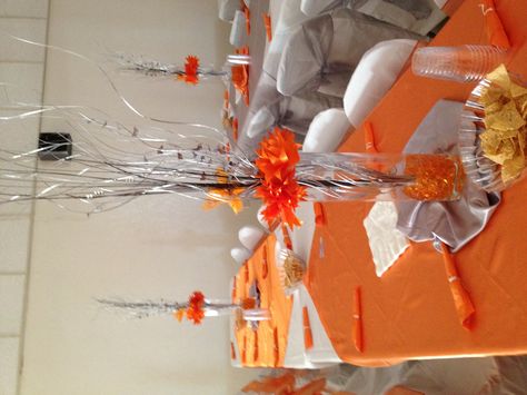 Niece's sweet 16 decorations - orange & silver theme Sweet 16 Orange Theme, Orange Sweet 16, Orange Quince, Sweet Sixteen Party Ideas, Quinceañera Decorations, 18th Party Ideas, Sweet 15 Ideas, Sweet 16 Candles, 18th Party