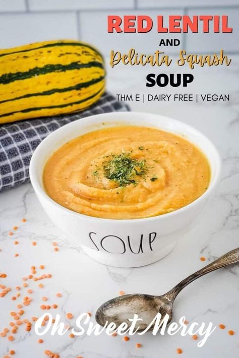 My Red Lentil and Delicata Squash Soup is a warm bowl of comfort food that's kind to your waistline. Delicata squash lends just a hint of sweetness to this soup, and just a few other simple ingredients come together for a thick, creamy (but dairy free) blended soup that will warm your soul. Very low in fat, it's a perfect THM E recipe, too. #lowfat #healthycarbs #vegan #vegetarian #dairyfree #lentilsoup #redlentilsoup #trimhealthymamarecipes #healthy #soups @ohsweetmercy Delicata Squash Soup, Grilled Tuna Steaks Recipes, Blended Soup, Delicata Squash Recipe, Thm E, Healthy Soups, Squash Soup Recipe, Dried Lentils, Trim Healthy Mama Recipes