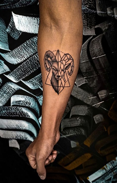 Aries Tattoo For Men Chest, Aries Tattoo For Men Forearm, Aries Zodiac Tattoos For Man, Geometric Ram Tattoo, Small Aries Tattoo For Men, Aries Men Tattoo, Aries Tatoos Men, Aires Tattoo Men, Aries Forearm Tattoo