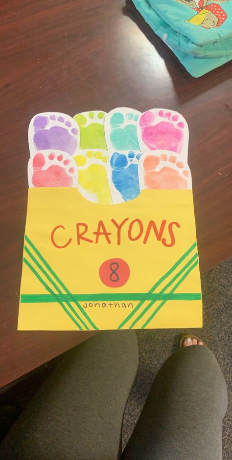 Crayon Box Footprint Art, Brightest Crayon In The Box Footprint, Daycare Canvas Ideas, Infant Room Art Projects, Back To School One Year Old Crafts, Infant Color Crafts, Spring Crafts For Infants Baby, Toddler Arts And Crafts August, Sensory Projects For Infants