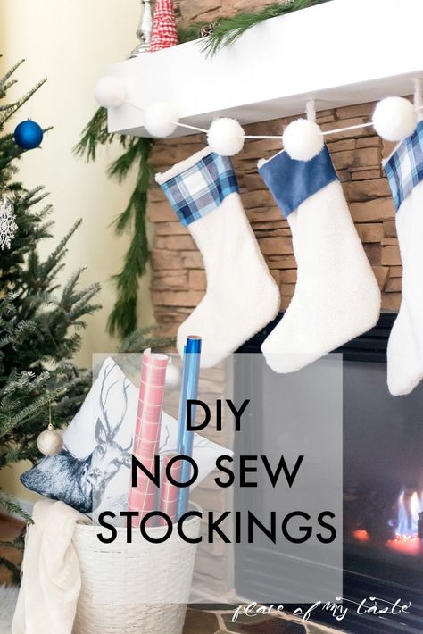 Diy No Sew Christmas Stocking, Diy Stockings Christmas No Sew, No Sew Stockings Diy, No Sew Christmas Stocking, Homemade Christmas Stockings Diy, Handmade Christmas Stocking, Sew Stocking, Yuletide Crafts, Diy Clothes No Sewing