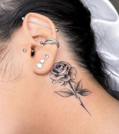 Rose Tattoo Behind Ear, Rose Neck Tattoo, Small Neck Tattoos, Tattoo Ideas Unique, Behind Ear Tattoos, Tattoo Artist Tattoo, Girl Neck Tattoos, Tattoo S, Neck Tattoos Women