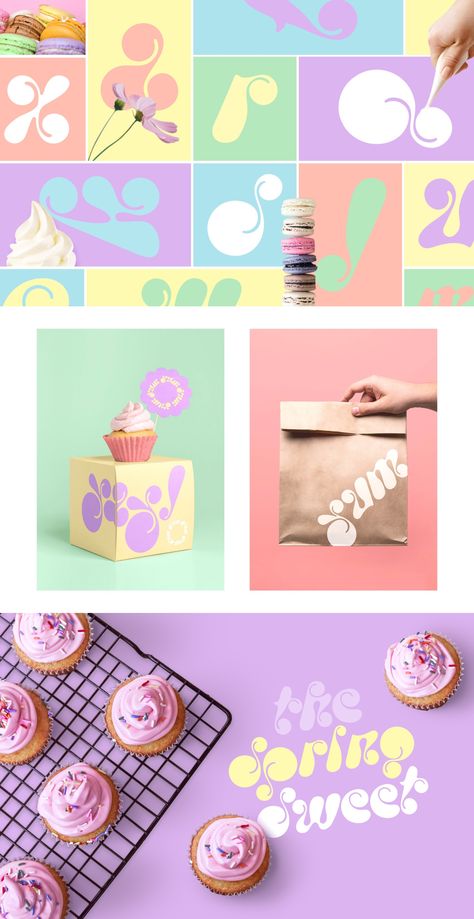 Font Display Design, Bright Colour Combos, Pastel Branding, Shop Branding Design, Cupcake Branding, Packaging Typography, Pastel Design, Shop Branding, Bakery Branding