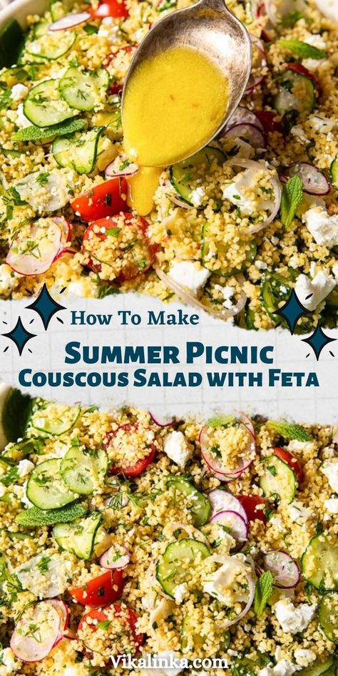 Summer Couscous Salad Recipes, Dressing For Couscous Salad, Sauce For Couscous, Coucous Salad Recipes Feta, Couscous Salad Dressing, Lemony Salad, Summer Couscous Salad, Summer Picnic Salads, Vikalinka Recipes