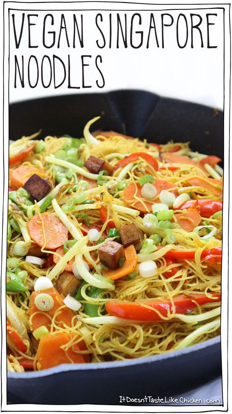 Vegan Singapore Noodles! Slightly spicy, jam-packed full of curry deliciousness, tossed with medley of veggies, and chewy tofu bites. This is a great recipe for cleaning out the fridge. So quick and easy! #itdoesnttastelikechicken #itdoesnttastelikechicken #vegan #food #glutenfree #dairyfree #vegetarian #cleaneating #foodgasm #healthyfood #veganfood #veganrecipes Spicy Jam, Healthy Reciepes, Tofu Bites, Singapore Noodles, Vegan Entrees, Asian Noodle, Vegan Tofu, Vegan Sushi, Like Chicken