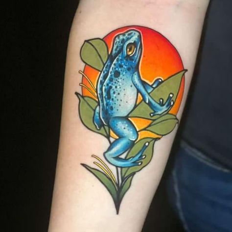 Blue Poison Dart Frog Tattoo inspired by Waterparks' album cover for intellectual property Poison Frog Tattoo, Neotraditional Frog, Poison Dart Frog Tattoo, Dart Frog Tattoo, Frog Tattoo Ideas, Blue Poison Dart Frog, Poison Frog, Neo Tattoo, Poison Dart Frog