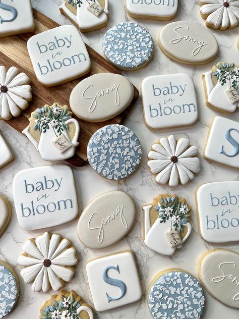 Baby Shower Themes For Boys Spring, Blue Flowers Baby Shower Theme, Baby Boy Shower Ideas Summer, Romantic Baby Shower Ideas, Baby In Bloom Cake Boy, Baby In Bloom Boy Shower Ideas Blue, Baby In Bloom Boy Baby Shower Theme, White And Blue Baby Shower Ideas, Blue Tea Party Baby Shower Ideas