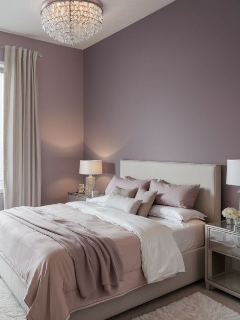 Create a tranquil atmosphere in your bedroom with a light mauve accent wall using soft pastel shades. Complement the look by incorporating sleek modern furniture pieces and adding a touch of elegance with crystal pendant lights. Light Purple Walls Bedroom, Light Purple Bedroom Walls, Mauve Accent Wall, Purple Wall Bedroom, Purple Bedroom Wall, Light Purple Bedroom, Bedroom Purple Walls, Room Color Ideas Bedroom, Mauve Bedroom