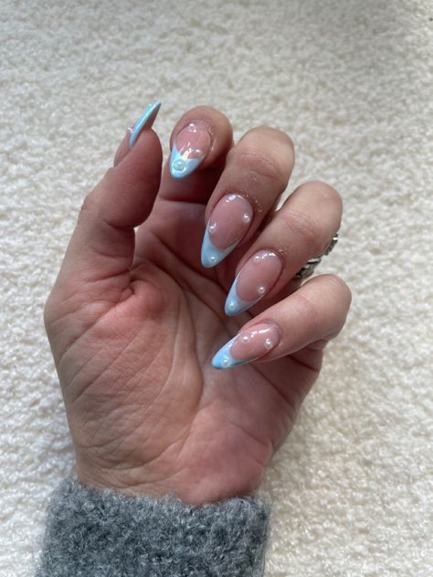 Blue Chrome Nails With Pearls, French Tip Unicorn Nails, Light Blue And Pearl Nails, Blue French Tip With Pearls, Light Blue Nails With Pearls, Light Blue Pearl Nails, Blue Nails With Pearls, Blue Chrome French Tip Nails, Blue Pearl Nails