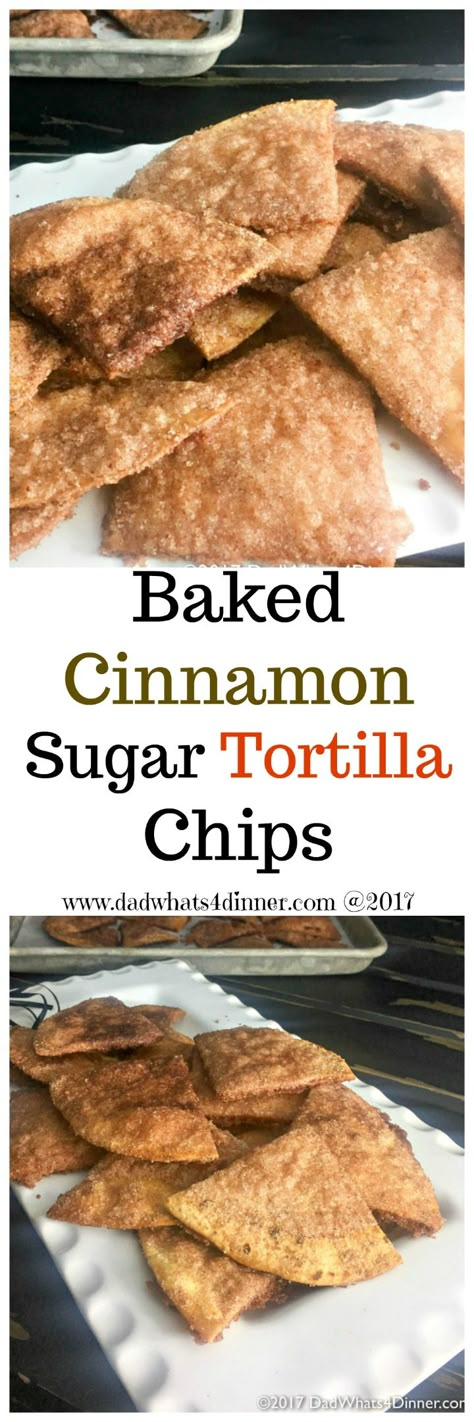 Baked Cinnamon Sugar Tortilla Chips is a healthier version of the Mexican restaurant classic. A great recipe to get your kids started in the kitchen.  via @dadwhats4dinner Appetizers Mexican, Cinnamon Sugar Tortilla Chips, Cinnamon Sugar Tortilla, Chips Ideas, Restaurant Classic, Cinnamon Sugar Tortillas, Weight Watcher Desserts, Baked Tortilla Chips, Cinnamon Tortillas