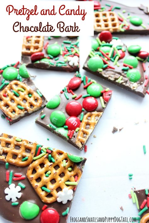 Pretzel and Candy Chocolate Bark - FSPDT Caramel Pretzel Turtles, Holiday Pretzel Treats Christmas Candy, Best Salted Caramel Pretzel Bark, Chocolate Pretzel Carmel Bark, Pretzel Carmel Turtles, Christmas Chocolate Bark Recipes, Chocolate Pretzels Recipe, Pretzel Bark Recipes, Bark Recipes Easy