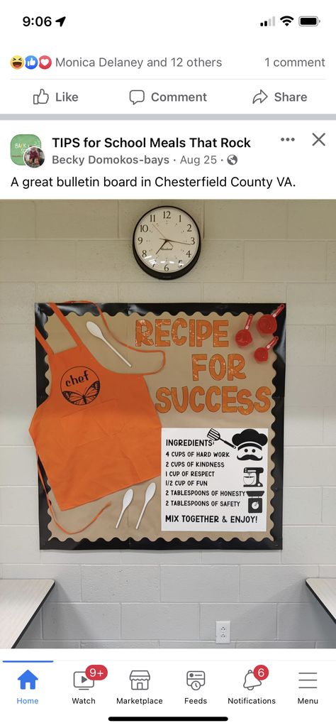 High School Cafeteria Decorations, Cafeteria Bulletin Board Ideas Food, Facs Bulletin Boards, Classroom Kitchen Ideas, Food Theme Classroom, Cafeteria Decorations Ideas School, Cooking Bulletin Board, Work Recognition Board Ideas, Culinary Classroom Decor