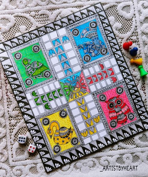 This attractive Ludo ( board game) is made in madhubani style of indian folk art, it is also known as mithila painting. This is made on a art paper and available for sales and prints ( For queries visit my Instagram DM to know the details) Visit link now!! Madhubani Ludo Board, Mithila Art Design, Indian Cultural Art, Mithila Painting Design, Mithila Painting Indian Folk Art, Ludo Drawing, Mood Boards Painting, Madhubani Drawing Indian Paintings, Madhubani Art Design