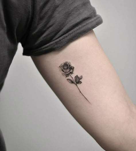 Single needle rose tattoo on the left inner arm. Inside Of Arm Tattoo, Sanskrit Tattoo, Rose Tattoos For Women, Sailor Jerry Tattoos, Small Rose Tattoo, Tattoo Trend, Chicano Tattoos, Skeleton Hand Tattoo, Flower Tattoo Arm