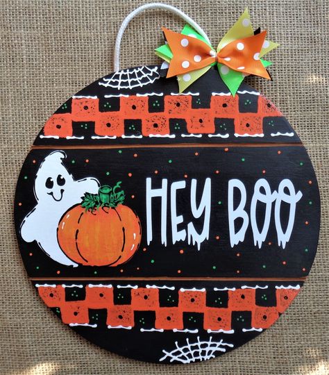 HEY BOO Pumpkin Jack-O-Lantern Ghost CIRCLE SIgn Wall Door Hanger Plaque Holiday Seasonal Wreath Embellishment Handcrafted Hand Painted Hey Boo Pumpkin, Country Wood Crafts, Lantern Ghost, Boo Pumpkin, Snowman Sign, Hey Boo, Pumpkin Sign, Ghost Decoration, Outdoor Display