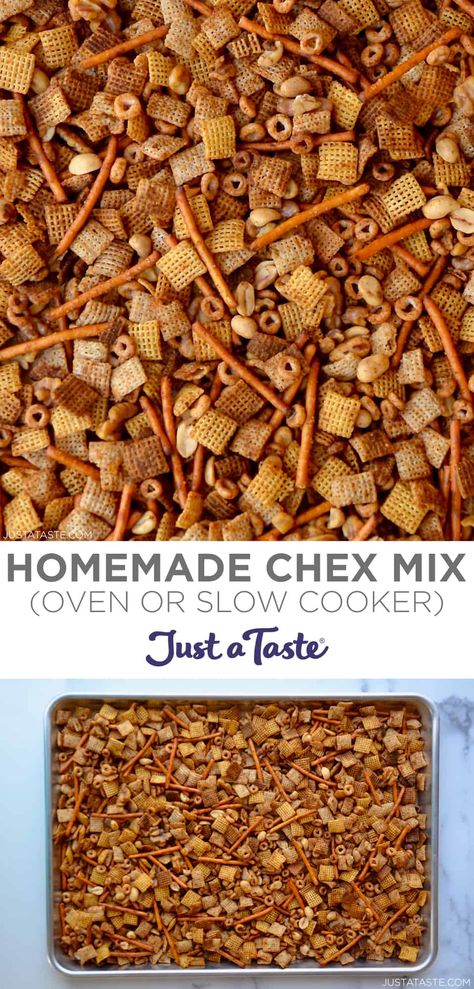 Homemade Chex Mix is a holiday tradition that's salty, savory and so dang addicting! This snack mix can be tossed into a slow cooker or baked in the oven. #chexmixrecipes #holidayrecipes #snackmix #justatasterecipes Savory Chex Mix Recipes, Savory Chex Mix, Salty Chex Mix, Homemade Chex Mix Recipe, Homemade Chex Mix, Just A Taste, Chex Mix Recipes, Snack Mix Recipes, Chex Mix