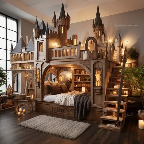 Super Cool Beds, Amazing Beds, Castle Bed, Amazing Bedroom Designs, Harry Potter Room Decor, Dream Bedroom Inspiration, Harry Potter Bedroom, Fantasy Furniture, Kids Room Interior Design