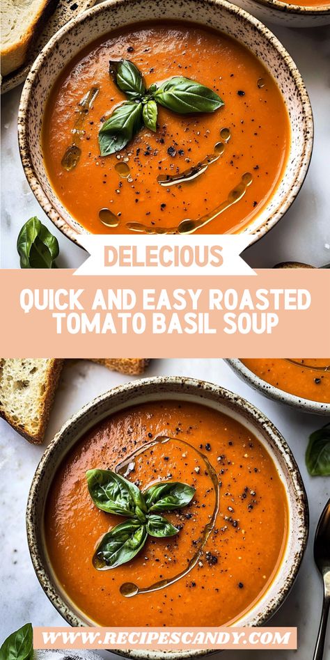 Looking for a delicious yet simple recipe? This quick roasted tomato basil soup is your answer! In just 30 minutes, you can transform fresh tomatoes and aromatic basil into a velvety bowl of comfort. Ideal for busy weeknights, this soup requires minimal prep and delivers maximum flavor. Enhance your meal by adding a splash of cream or serving with a side of crusty bread. Perfect for family dinners or cozy gatherings, this soup is sure to impress everyone at the table! Tomato Basil Soup Recipe, Roasted Tomato Basil Soup, Basil Soup, Tomato Basil Soup, Roasted Tomato, Easy Weeknight, Tomato Basil, Light Lunch, Crusty Bread