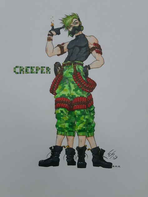 Creeper Character Design, Creeper As Human, Minecraft Mob Fanart Human, Minecraft Human Mobs, Minecraft Creeper Fanart, Enderman Fanart Human, Minecraft Creeper Art, Minecraft Mobs As Humans, Anime Centaur