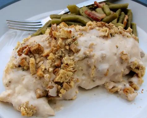 Lady and Sons' Chicken in Wine Sauce Recipe - Food.com Crockpot Chicken Cordon Bleu, Chicken With Stuffing, Chicken In Wine Sauce, Holiday Casseroles, Herb Stuffing, Stuffing Casserole, Chicken Cordon Bleu, Easy Slow Cooker Recipes, Wine Sauce