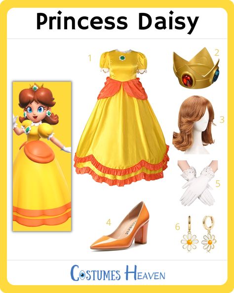 Try out this best Princess Daisy costume at your next cosplay event. Get ready to hit the scene with other Mario World members! #PrincessDaisy #Mario #MarioWorld #cosplay #halloweencostume #costumesheaven Daisy Mario Kart Costume Diy, Daisy Princess Costume, Diy Daisy Costume Mario, Daisy Mario Kart Costume, Diy Princess Daisy Costume, Luigi And Daisy Costume, Princess Daisy Costume Diy, Princess Daisy Halloween Costume, Daisy Mario Costume