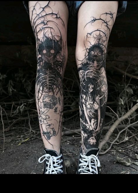 Dark tattoo Feminine Skull Tattoos, Feminine Tattoo Sleeves, Wicked Tattoos, Scary Tattoos, Creepy Tattoos, Gothic Tattoo, Dark Tattoo, Black Ink Tattoos, Feminine Tattoos