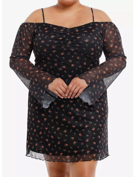 Thorn & Fable Floral Mesh Cold Shoulder Bell Sleeve Dress Plus Size Right Arrow Icon, Plus Size Hot, Mesh Overlay, Bell Sleeve Dress, Hoodie Girl, Plus Dresses, Dress Plus Size, Christmas Dress, Bell Sleeve