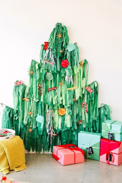 fringe christmas tree | house of fete Christmas Pajama Party, Ward Christmas Party, Fringe Backdrops, Merry Bright Christmas, Bright Christmas, Christmas Backdrops, Christmas Inspo, Colorful Christmas, Jolly Christmas