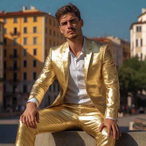 Zodiac Outfits, Banquet Outfit, Metallic Fashion, Rachel Reynolds, Formal Men, Leather Outfits, Gold Pants, Formal Men Outfit, Leather Suit