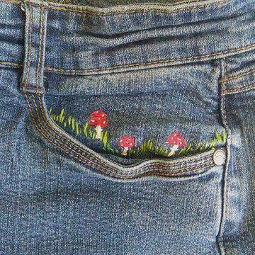 Urban Threads Embroidery, Embroidered Mushrooms, Jeans Bordado, Jean Art, Embroidery Jeans Diy, Indian Embroidery Designs, Rose Embroidery Designs, Embroidery Clothing, Haute Couture Embroidery