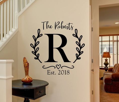 Custom last name sign, family name decal, monogram established date wall decal entryway decor living room family room wall art laurel wreath by JadeDecals on Etsy Family Room Wall Art, Tile Window, Family Room Wall, Wall Sayings, Vinyl Wall Lettering, Wall Lettering, Family Room Walls, Living Room Family, Family Wall Decor