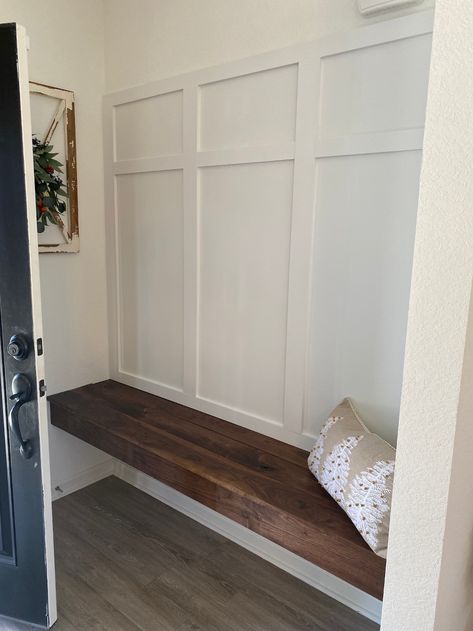 Board And Batten Foyer, Front Entry Bench, Entryway With Bench, Board And Batten Entryway, Batten Entryway, Hall Bench With Storage, Small Entryway Bench, Entry Nook, Floating Bench