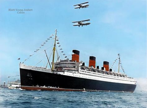 The Cunard-White Star Line RMS Queen Mary 1936-1967, steaming up New York Harbour, United States, after making her maiden voyage across the Atlantic Ocean, On Monday June 1 of 1936. Image source: Pixels/ Underwood Archives Colorized picture by Rhett Young Joubert. Rms Queen Mary, Cunard Ships, Rms Queen Elizabeth, Cunard Line, Victoria Harbour, John Brown, Estes Park, White Star, June 1