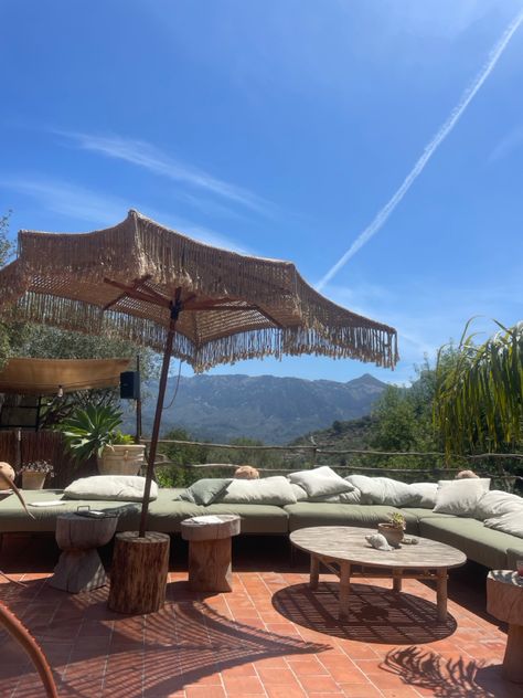 Outside seating with sun umbrella in stunning hotel Hotel Corazon Mallorca, Dream Hotel, Dream Hotels, Guest Experience, French House, Wedding Venue, Terrace, Wedding Venues, Barcelona