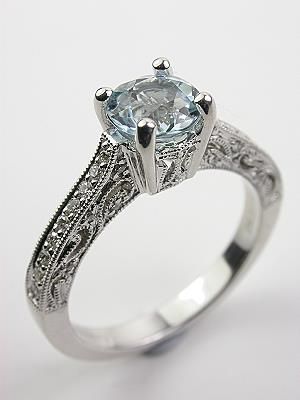 Aquamarine Engagement Ring with Filigree  | Topazery, RG-2567, The path not taken often leads to the most unexpected surprises, and this vintage style aquamarine engagement ring thrills from all directions. Antique Style Engagement Rings, Blue Diamond Engagement Ring, Vintage Style Engagement Rings, Filigree Engagement Ring, Filigree Pattern, Bride Magazine, Art Deco Diamond Rings, Aquamarine Engagement Ring, Round Diamond Engagement Rings