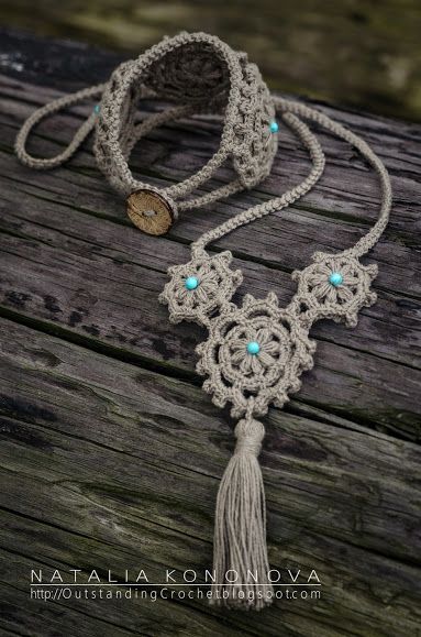 #Crochet Boho Bracelet & Necklace. Crochet Jewlery, Crochet Jewelry Patterns, Nature Necklace, Crochet Collar, Crochet Bracelet, Boho Crochet, Bead Crochet, Bijoux Diy, Crochet Accessories