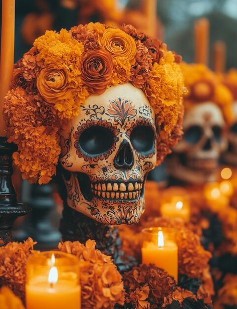 Diy Dia De Los Muertos Altar Ideas, Day Of The Dead Decorations Diy, Dia De Los Muertos Decorations Ideas Altars, Day Of The Dead Decor, Day Of The Dead Marigolds, Mexico Aesthetic Culture, Dia De Los Muertos Crafts Ideas, Day Of The Dead Decorations, Dia De Los Muertos Party Ideas