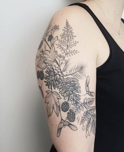 Woodland Half Sleeve Tattoo, Women’s Floral Half Sleeve Tattoo, Nature Tattoo Filler Ideas, Upper Arm Nature Tattoos For Women, Botanical Sleeve Tattoo Black And White, Adding To Existing Tattoo, Mountain Tattoo Women Arm, Nature Wrist Tattoos For Women, Tree Trunk Tattoo Ideas