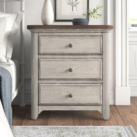 Kelly Clarkson Home Ayden 3 Drawer Nightstand & Reviews | Wayfair Country Bedroom Furniture, White Chestnut, Farmhouse Nightstand, Nightstand Wood, Grey Dresser, French Country Bedrooms, Kelly Clarkson Home, Apt Ideas, 3 Drawer Nightstand