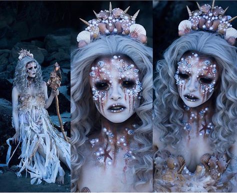 Sea Creature Makeup, Mermaid Gills Makeup, Sea Witch Makeup, Sea Monster Makeup, Scary Ice Queen Makeup, Scary Mermaid, Evil Mermaids, Sea Queen, Halloween Make-up Looks