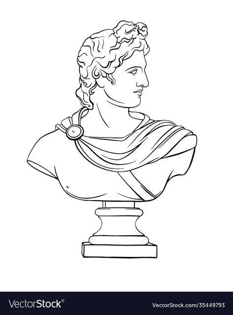 Apollo Statue Drawing, Greek Statues Illustration, Baroque Art Drawing, Roman Sculpture Drawing, Greek Statues Drawing, Apollo Sketch, Mythology Embroidery, Greek Gods Illustration, Greek Sculpture Drawing