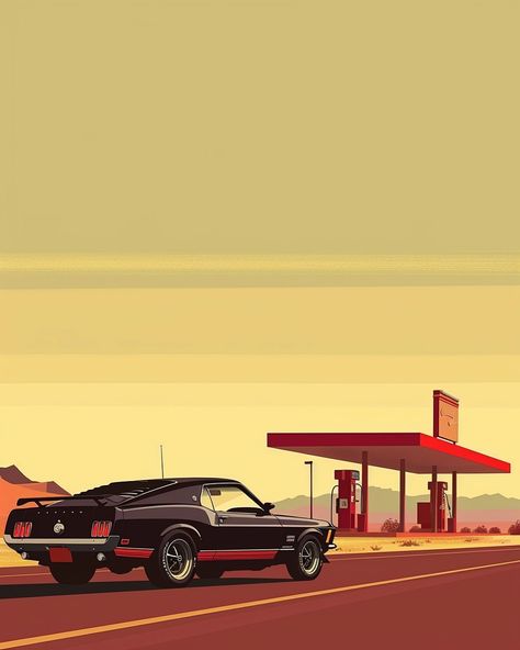 minimalistic flat illustration of a 1976 ford mustang side view at a old vintage gas station in the california desert, sunset, soft colors, harmonic colors --v 6   --style raw Mustang Side View, Desert Gas Station, 1976 Ford Mustang, Vintage Car Illustration, Car Nostalgia, Vintage Gas Station, Cars Art, Vintage Mustang, California Desert