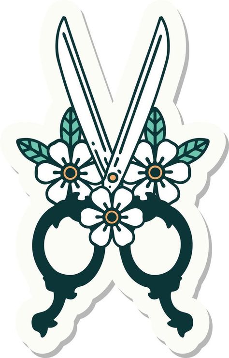 sticker of tattoo in traditional style of barber scissors and flowers Scissors Barber, Barber Scissors, Traditional Style, Tattoo Ideas, Vector Free, Royalty Free, Clip Art, Tattoos, Flowers